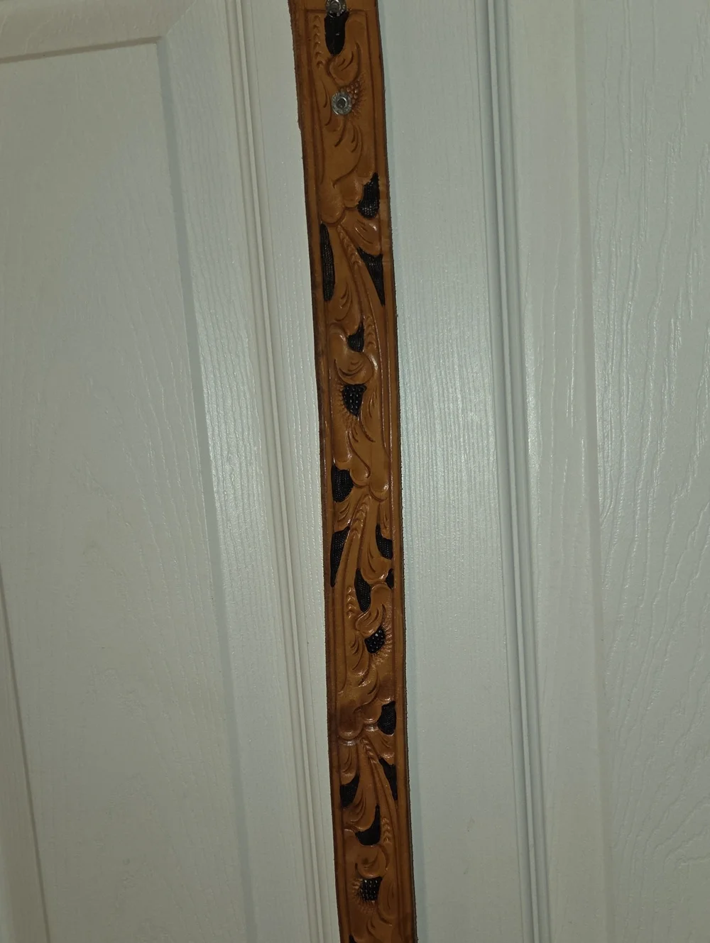 Tooled Leather Western Belt with Embossed Metal Buckle - Tan and Gray Mens Size